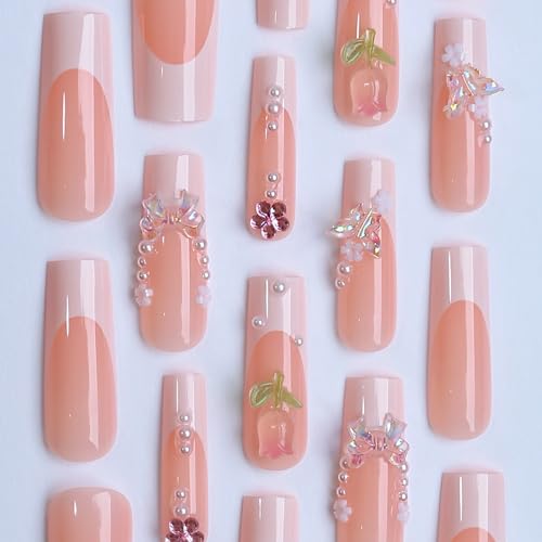 Long Square Press on Nails White French Fake Nails with Butterfly Pearl