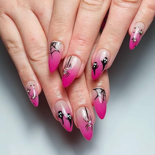 Halloween Press on Nails Medium Almond Fake Nails with Spider Web Designs