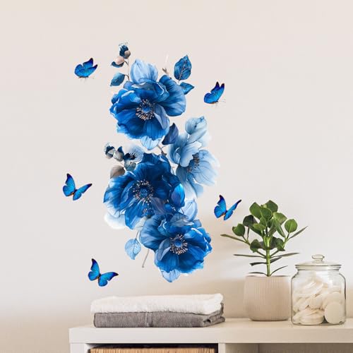Blue Peony Flower Wall Decals with Butterflies - Removable Vinyl Stickers