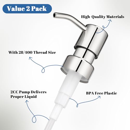 UHEY HOME 304 Stainless Steel Soap Dispenser Pump Replacement, 2 Pack, Silver