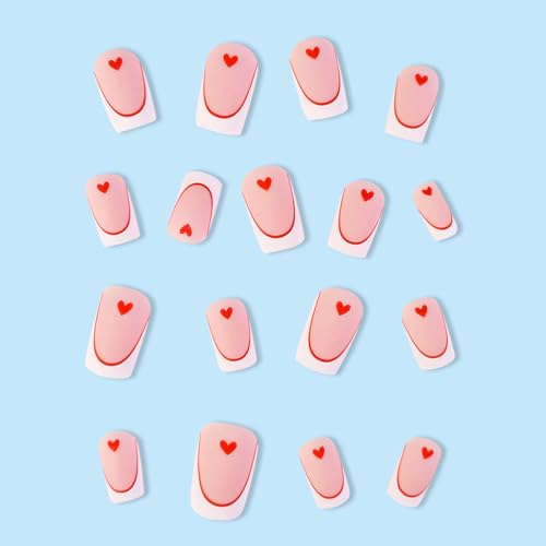 Valentine Press On Nails Medium Square French Tip Heart Fake Nails 24Pcs