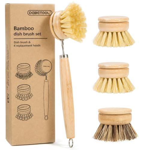 DEBETOOL Bamboo Dish Brush Set with 4 Sisal & Palm Fiber Heads