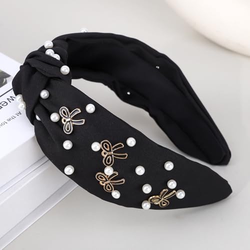 Santoddle Pearl Knot Headband for Women Black Wide Hair Band