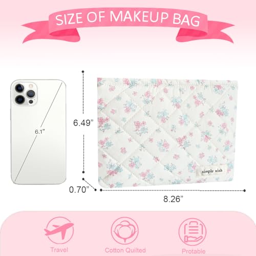 Sunwel Floral Quilted Makeup Bag Cute Cotton Toiletry Travel Pouch