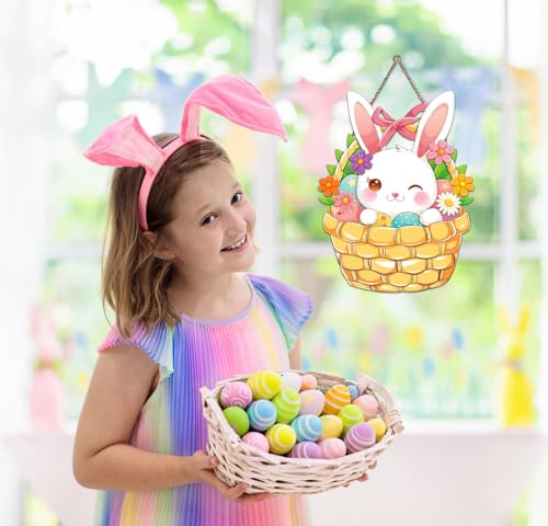 Easter Bunny Door Sign - Wooden Basket Wreath with Flowers & Eggs