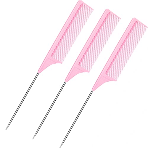 Leinuosen 3 Pack 9 Inch Carbon Fiber Rat Tail Comb with Metal Pick Pink