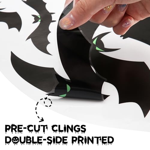 Halloween Window Clings - 6 Large Scary Bat Decals with Glow Eyes