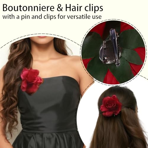 Fosrisix Red Rose Flower Hair Clip and Brooch Pin 2-in-1 Floral Accessory