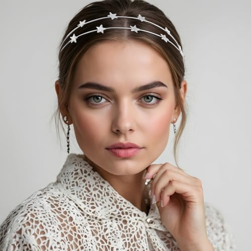 PEOVLVN 2 Pack Star Headbands Metal Sparkly Rhinestone Star Crown for Women