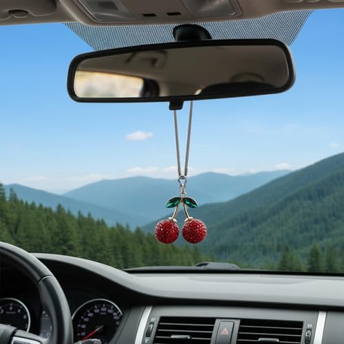 JJUNW Crystal Cherry Car Hanging Ornament - Bling Rearview Mirror Charm