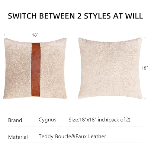 Teddy Boucle Throw Pillow Covers 18x18 - Faux Leather Accent (2PCS)