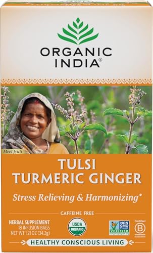 Organic India Tulsi Turmeric Ginger Tea Bags - 18 Infusion Pack, Calming & Organic