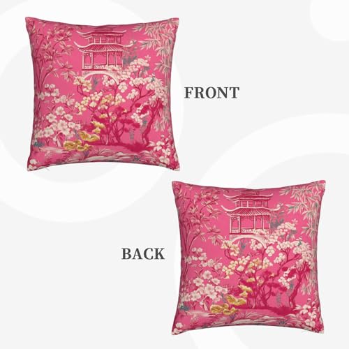 Chinoiserie Pink Pagoda Throw Pillow Cover - 18x18 Inch Plush Case