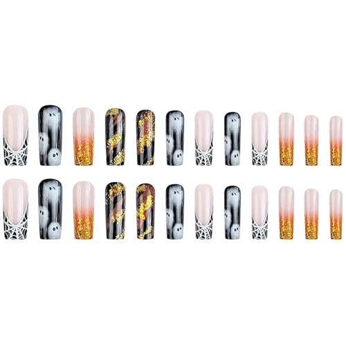 Halloween Long Coffin Press On Nails Spider Web Ghost Design 24 Pcs
