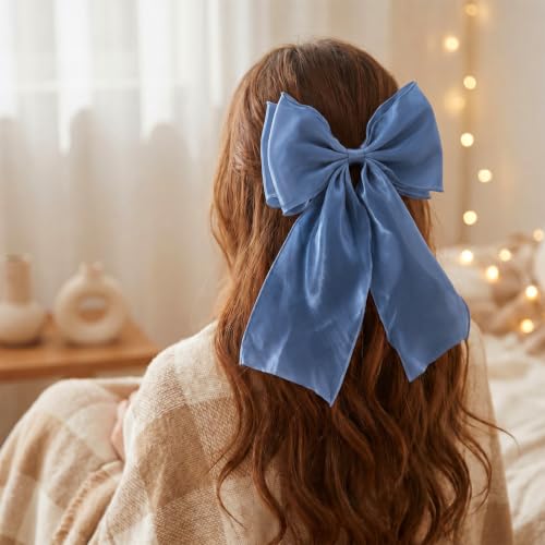 Large Blue Hair Bow Clip with Long Tails for Women and Girls