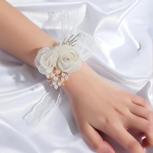 Beige Rose Wrist Corsage & Boutonniere Set for Weddings & Prom