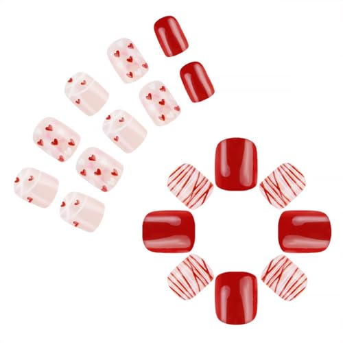 Valentine Press on Nails Short Red White Heart Fake Nails 24Pcs