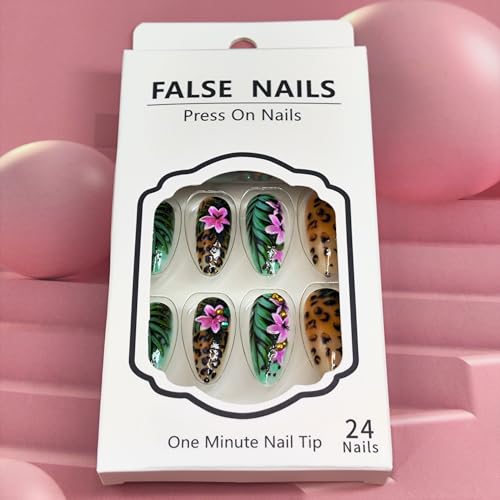 Green Tropical Floral Press on Nails Medium Almond Reusable Set
