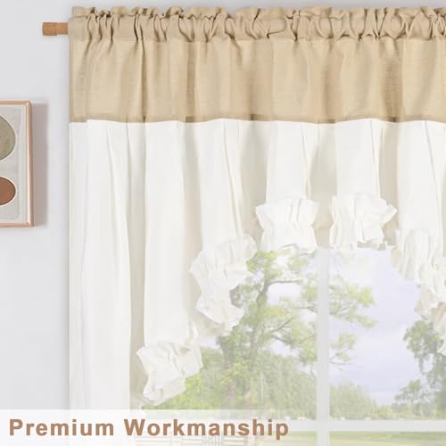 Likiyol Linen Ruffle Swag Valance, Farmhouse Rustic Window Curtains, 60x36