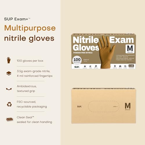 SUP Nitrile Exam Gloves, Powder-Free Disposable Gloves, Medium, Tan