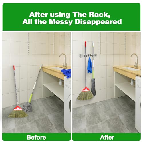 voze Stainless Steel Broom and Mop Holder - 2 Racks and 3 Hooks, Silver