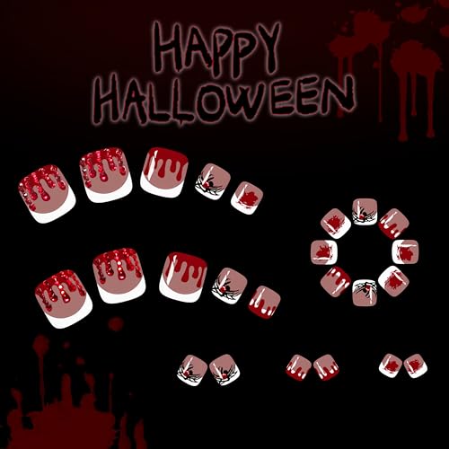 Halloween Press on Toe Nails Short Square False Toenails Red Spider Design