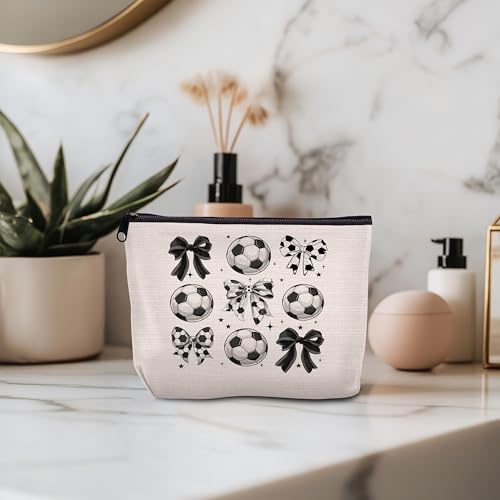 Soccer Makeup Bag Bow Cosmetic Zipper Pouch Travel Toiletry Bag