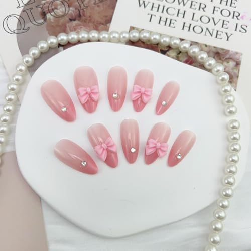 ZOAZJINAZ 3D Bow Medium Almond Press On Nails Pink French Tips Rhinestone False Nails
