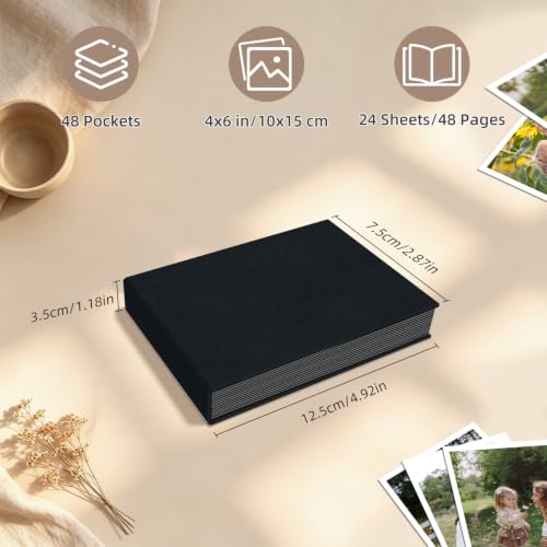 Popotop 4x6 Linen Photo Album, 48 Pocket Hardcover Picture Book - Black