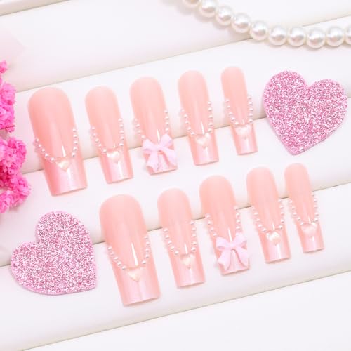 Pink French Tip Press on Nails Long Square with 3D Bow Heart