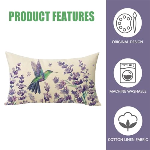 Fahrendom Purple Hummingbird Floral Lumbar Pillow 20" x 12"