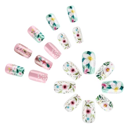 Summer Flower Press On Nails Medium Square Gradient Floral Acrylic Fake Nails Set