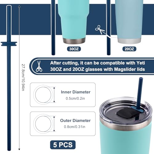PEUTIER 5-Pack Reusable Silicone Straws with Dust-Proof Baffle for Yeti Tumblers, Blue