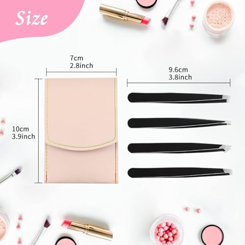Precision Tweezers Set 4-Piece Stainless Steel with PU Leather Case