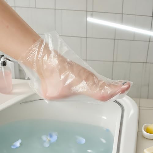 WOLVINA 100Pcs Disposable Plastic Foot Covers Waterproof Booties with Adhesive Strips for Paraffin Wax Bath, Spa and Home Pedicure