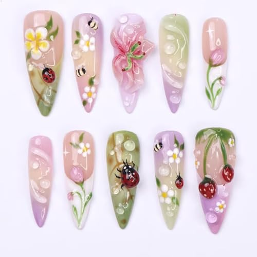 GUAACCB 24Pcs Floral Almond Press On Nails Cute Strawberry Fake Nails