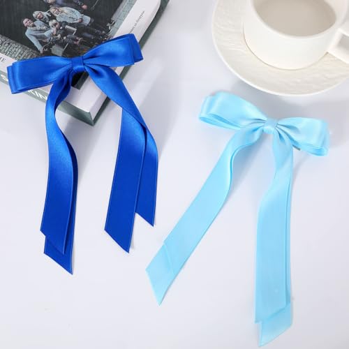 Penitue Blue Satin Hair Bow Clips with Long Tail, 4 Pack