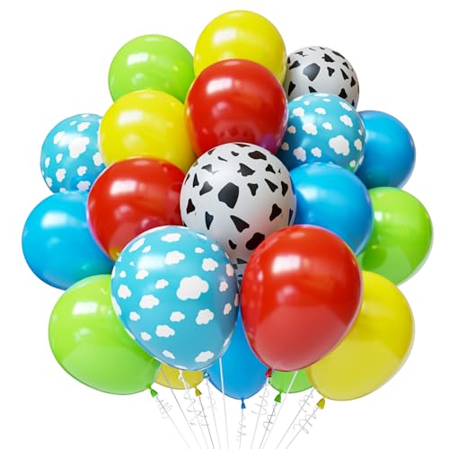 50pcs 12-Inch Multi-Color Balloon Set: Red, Blue, Yellow, Green, Cow & Cloud