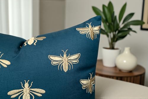 Rudransha Golden Bee Embroidered Pillow Cover, 18x18 Teal Cotton Square