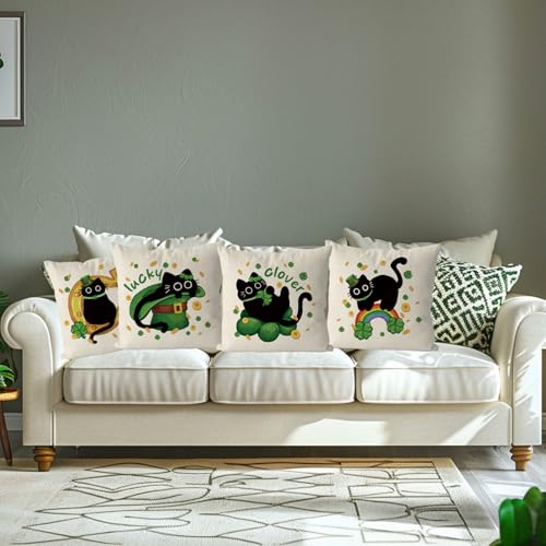 St. Patrick's Day Pillow Covers 18x18 Inch Set of 4 - Black Cat Decor
