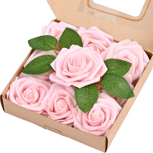 9 Pcs Pink Artificial Foam Roses with Stems for Wedding & Home Decor