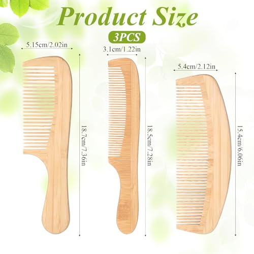 Natural Wooden Hair Comb Set - 3 Pack Anti-Static Bamboo Detangling Combs