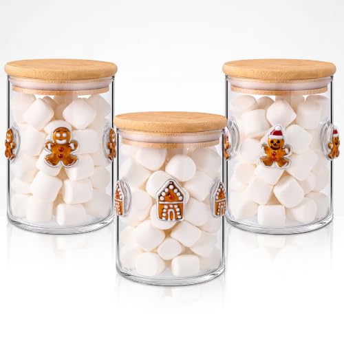 3pcs Christmas Icon Glass Storage Jars with Airtight Bamboo Lids - Gingerbread