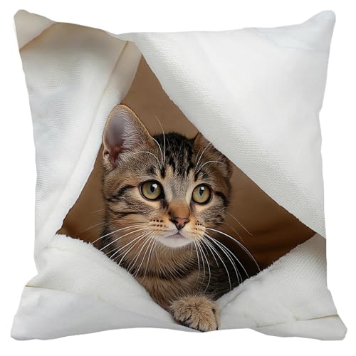 Leaveland Realistic 3D Kitten Throw Pillow Cover, 18x18 Inch Cat Cushion Case