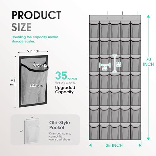 WVM Over the Door Shoe Organizer, 35-Pocket Hanging Closet Storage, Grey