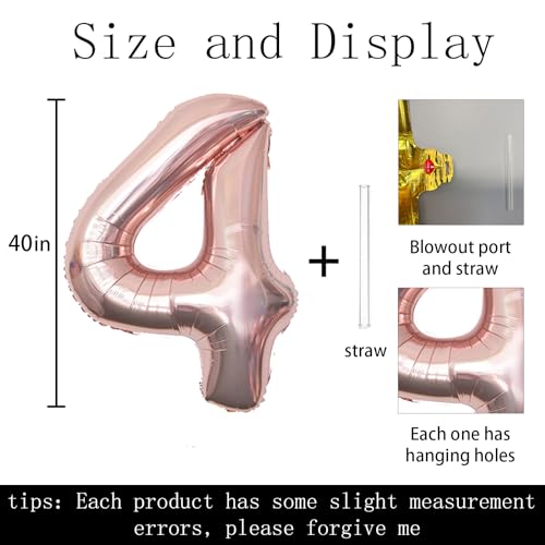 40-Inch Rose Gold Number 4 Foil Balloon - Giant Birthday Party Decoration