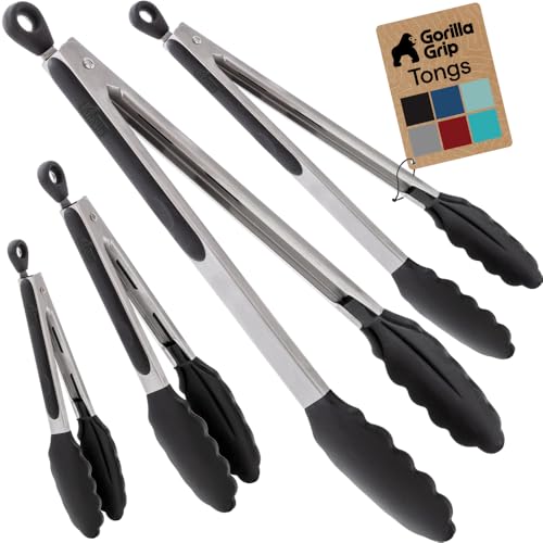 Gorilla Grip Stainless Steel Kitchen Tongs Set - 4 Sizes, Heat Resistant, Non-Scratch Silicone Tips