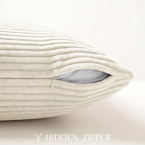 Softalker Striped Corduroy Pillow Covers, 18x18 Inch, Cream, Set of 2