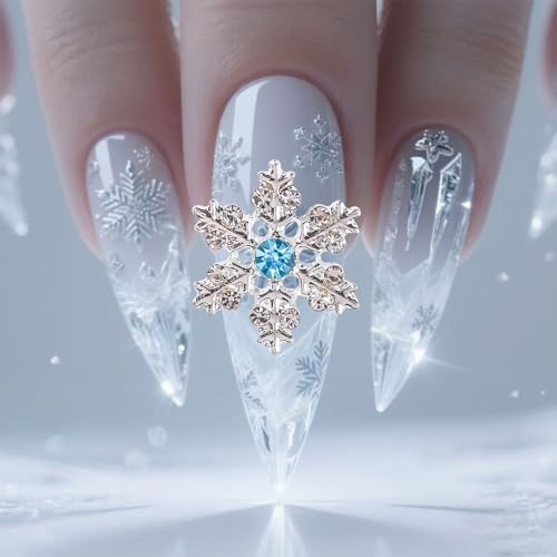 20 Pcs 3D Snowflake Nail Charms Silver Metal Blue Crystal Rhinestones