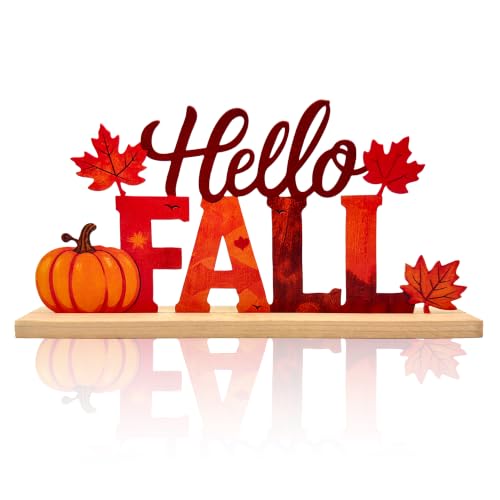 Hello Fall Metal Sign with Wooden Base - Autumn Table Decor